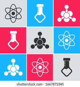 Set Atom, Test tube and flask chemical and Bacteria icon. Vector