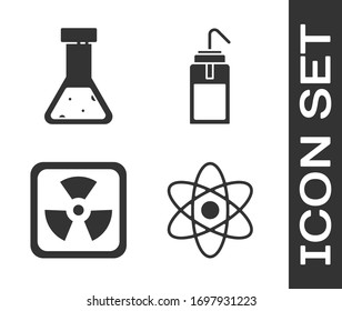 Set Atom, Test tube and flask chemical, Radioactive and Laboratory wash bottle icon. Vector