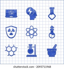 Set Atom, Test tube flask on stand, Mortar pestle, chemical, Chemical formula, Radioactive in shield,  and Bacteria laptop icon. Vector