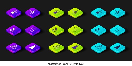 Ajuste átomo, tubo de ensayo y matraz, microscopio, fórmula química, molécula e icono de explosión. Vector