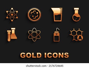 Set Atom, Test tube and flask chemical, Chemical formula, Laboratory wash bottle, glassware beaker,  and Bacteria icon. Vector