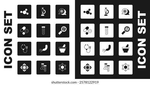 Set Atom, Test tube, Medicine pill or tablet, Molecule, Microorganisms under magnifier, Microscope, Mortar and pestle and Stethoscope icon. Vector