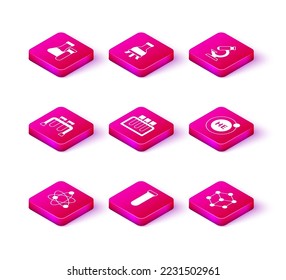 Set Atom, Test tube, Molecule, Helium, Microscope and  icon. Vector