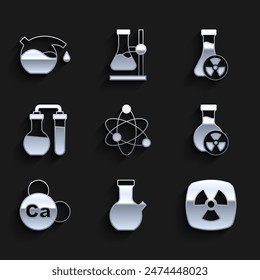 Set Atom, Test tube, Radioactive, with toxic liquid, Mineral Ca Calcium,  and  icon. Vector