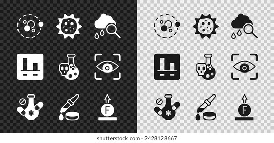 Set Atom, Virus, Cloud with rain, Medicine pill, Pipette, Force of physic formula, Graph chart infographic and Test tube toxic liquid icon. Vector