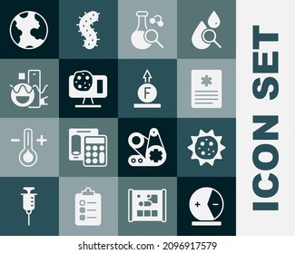 Establecer átomo, virus, registro de pacientes, tubo de ensayo, ingeniería genética, formas geométricas básicas, globo terrestre y el icono Fuerza de fórmula física. Vector