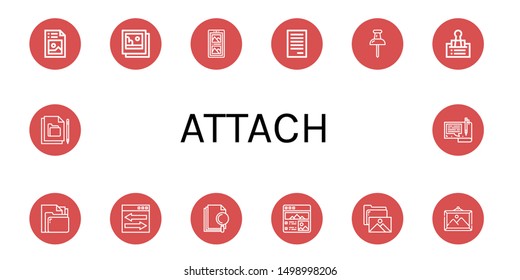 Set of attach icons such as Picture, Pictures, Gallery, File, Push pin, Clip, Web link , attach