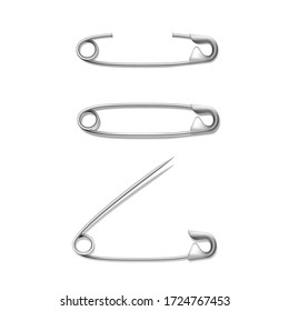 Set of attached to fabric, paper closed, opened silver or stainless steel safety pins. Metal sewing tool for fasten pieces of clothing together. Vector realistic safety pins illustration. 