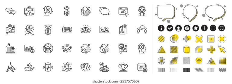 Conjunto de información adjunta, anuncios e iconos de línea de excelencia operativa para el App de Web. Elementos de diseño, íconos de redes sociales. Burbuja de conversación, gusanos, iconos de minerales de azufre. Vector