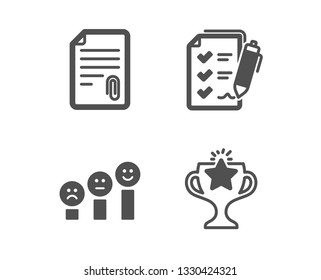 Set of Attachment, Customer satisfaction and Survey checklist icons. Victory sign. Attach file, Happy smile chart, Report. Championship prize.  Classic design attachment icon. Flat design. Vector
