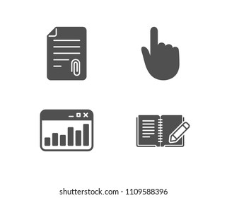 Set of Attachment, Hand click and Marketing statistics icons. Feedback sign. Attach file, Location pointer, Web analytics. Book with pencil.  Quality design elements. Classic style. Vector
