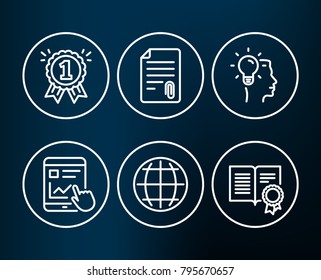 Set of Attachment, Idea and Reward icons. Internet report, Globe and Diploma signs. Attach file, Professional job, First place. Web tutorial, Internet world, Document with badge.  Editable stroke