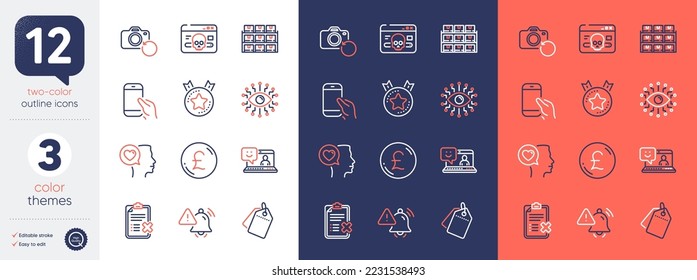 Set von Aufmerksamkeitsglocke, Künstliche Intelligenz und Pound Geldlinien-Symbole. Schließen Sie Hold Smartphone, Recovery Foto, Verkaufs-Tags Symbole ein. Cyberangriff, Box-Regal, Ranking-Star-Webelemente. Vektorgrafik