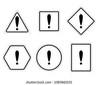 Set of attention and exclamation symbol in form. Collection of symbol exclamation and mistake banner, black white sign, vector illustration