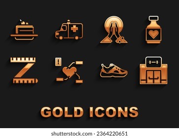Set Attention to health heart, Vitamin pill, Gym building, Sport sneakers, Tape measure, Meditation, Cake and Ambulance and emergency car icon. Vector