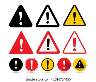 Set of the attention icon. Danger symbol flat design. Attention sign with exclamation mark icon. Risk sign red black and yellow. Vector illustration. Isolated on white background