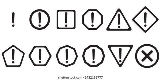 Set of the attention icon. Danger symbol flat design. Attention sign with exclamation mark icon. Risk sign red black and yellow. Vector illustration. Isolated on white background, icon set 