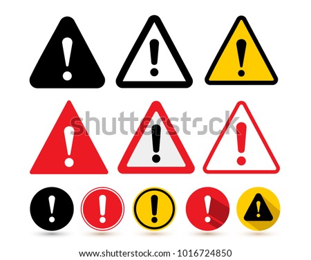 Set of the attention icon. Danger symbol flat design. Attention sign with exclamation mark icon. Risk sign red black and yellow. Vector illustration. Isolated on white background