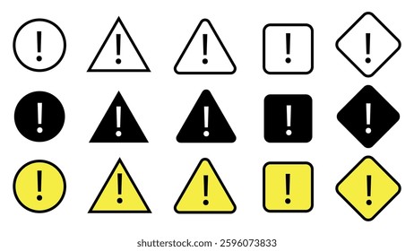 Set of attention icons, danger caution, collection of safety notice signs, yellow black and white triangular warning with exclamation mark, set of warning signs, alert icons on white background