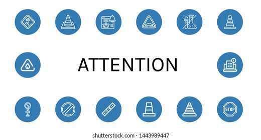 Set of attention icons such as Slippery road, Traffic cone, Notification, Hump, Forbidden, Cone, No parking, Belt, Stop, Flammable , attention