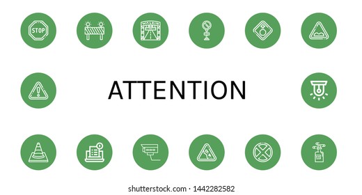 Set of attention icons such as Stop, Barrier, Walking street, No parking, Stop sign, Uneven, Traffic cone, Notification, Security camera, Falling rocks, Forbidden , attention