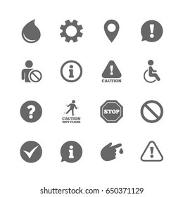 Set of Attention, Information and Caution icons. Question mark, warning and stop signs. Injury, disabled person and tick symbols. Isolated flat icons set on white background. Vector