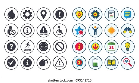 Set of Attention, Information and Caution icons. Question mark, warning and stop signs. Injury, disabled person and tick symbols. Calendar, Report and Book signs. Stars, Service and Download icons