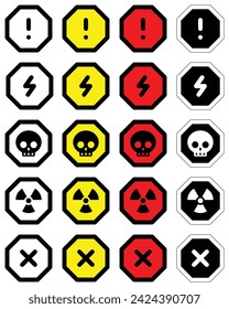 set attention octagon different colors sign warning electric alert radioactive cross traffic symbol caution hazard danger badge road mark vector flat design for web mobile isolated white Background