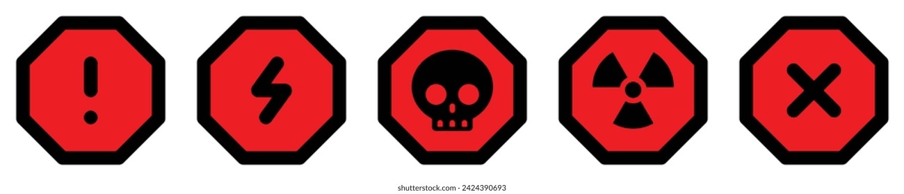 set attention octagon sign warning electric alert radioactive crossing stop traffic symbol caution hazard danger badge road mark vector flat design for web mobile isolated white Background