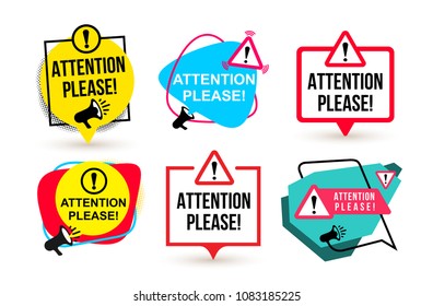 Set of Attention please. Badge with megaphone icons. Flat design. Concept vector illustration. Isolated on white background.