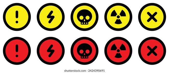 set attention red yellow circle sign warning electric alert radioactive crossing stop traffic symbol caution hazard danger badge road mark vector flat design for web mobile isolated white Background