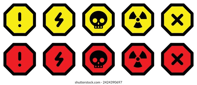 set attention red yellow octagon sign warning electric alert radioactive crossing traffic symbol caution hazard danger badge road mark vector flat design for web mobile isolated white Background