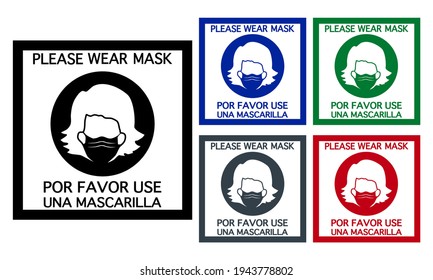 A set of attention sign said PLEASE WEAR MASK both English and Spanish. There’s a woman wearing a face mask in a square at the center.