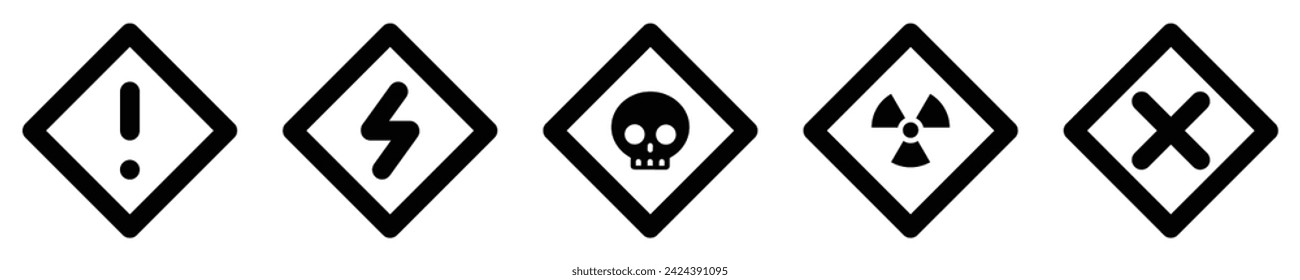 set attention sign warning electric alert radioactive crossing stop traffic symbol caution hazard danger badge road mark vector flat design for web mobile isolated white Background