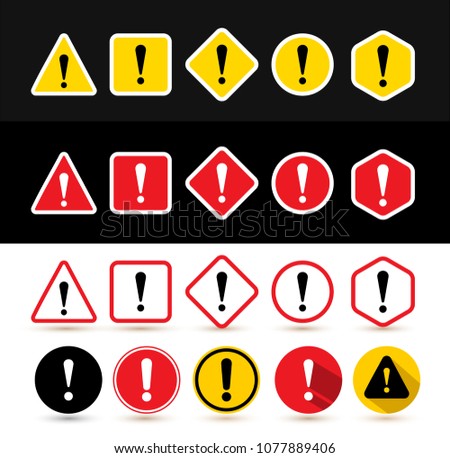 Set of attention signs. Shapes triangle, square, rhombus, circle, hexagon with exclamation point. Design with icon for banner. Danger warning. Vector illustration. Isolated on white background