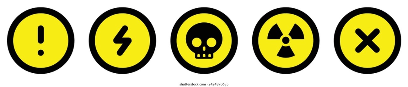 set attention yellow circle sign warning electric alert radioactive crossing stop traffic symbol caution hazard danger badge road mark vector flat design for web mobile isolated white Background