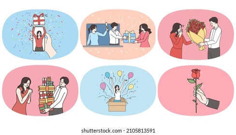 Set of attentive man congratulate greet excited beloved woman with anniversary. Collection of guy make surprise give present gift to happy girlfriend. Valentine day concept. Flat vector illustration. 