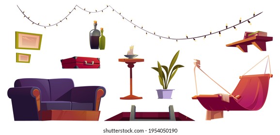 Set of attic furniture and stuff hatch with ladder, hammock, light garland and sofa, decorative pictures, old suitcase and potted plant, shelf with books and candle on stand, Cartoon vector icons