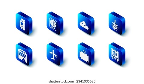 Indicador de actitud, tiempo de nube, Barómetro, radar con objetivos en monitor, maleta, avión, hangar de avión y icono de pasaje de pasaportes. Vector