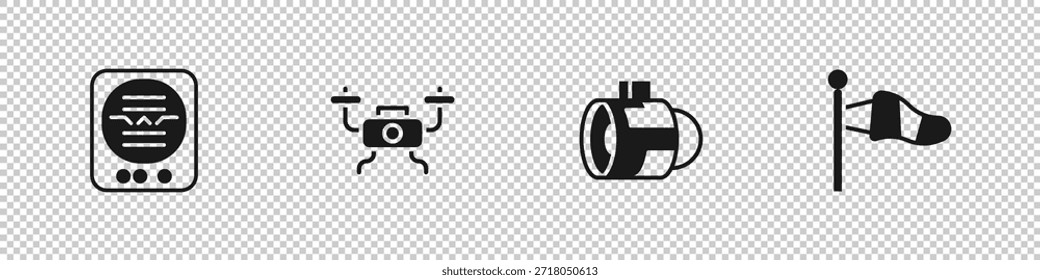 Definir indicador de atitude, Drone voando, turbina do motor a jato e ícone de vento meteorologia Cone. Vetor