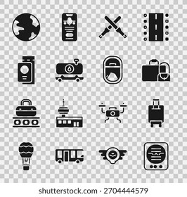 Set Attitude indicator, Suitcase, Marshalling wands, Fuel tanker truck, Passport with ticket, Worldwide and Airplane window icon. Vector