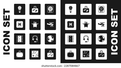 Set Attitude indicator, Trolley for food, Helicopter landing pad, Hot air balloon, Suitcase, Worldwide and Airport runway icon. Vector