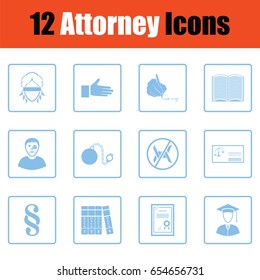 Set of attorney icons. Blue frame design. Vector illustration.