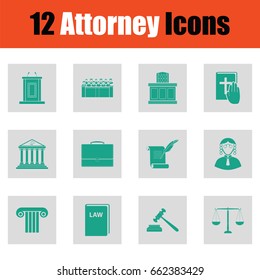 Set of attorney  icons. Green on gray design. Vector illustration.