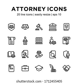 set of attorney and law line icons, containing balance sheet icons, courthouse, agreement letters, article books and others with a white background.