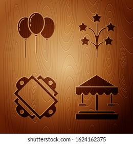 Set Attraction carousel, Balloons with ribbon, Ticket and Fireworks on wooden background. Vector