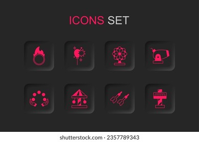 Set Attraction carousel, Balloons with ribbon, Circus fire hoop, Dart arrow, Cannon, Ferris wheel and Juggling ball icon. Vector