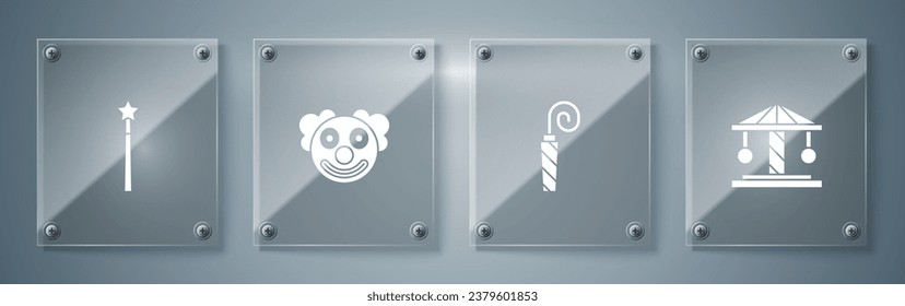 Set Attraction carousel, Birthday party horn, Clown head and Magic wand. Square glass panels. Vector