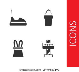 Set Attraction carousel, Bumper, Magician hat and rabbit ears and Ice cream in waffle icon. Vector