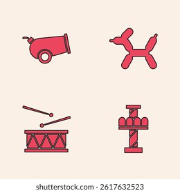 Set Attraction carousel, Cannon, Balloon dog and Drum with drum sticks icon. Vector